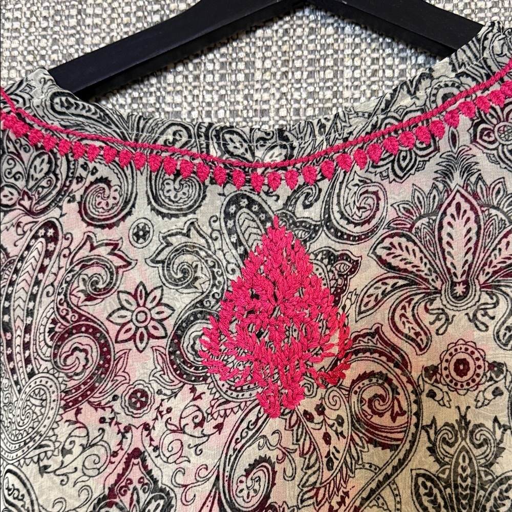 Maxi Length Semi Sheer Embroidered Black & Pink Paisley Tunic Swim Coverup - Picture 15 of 15